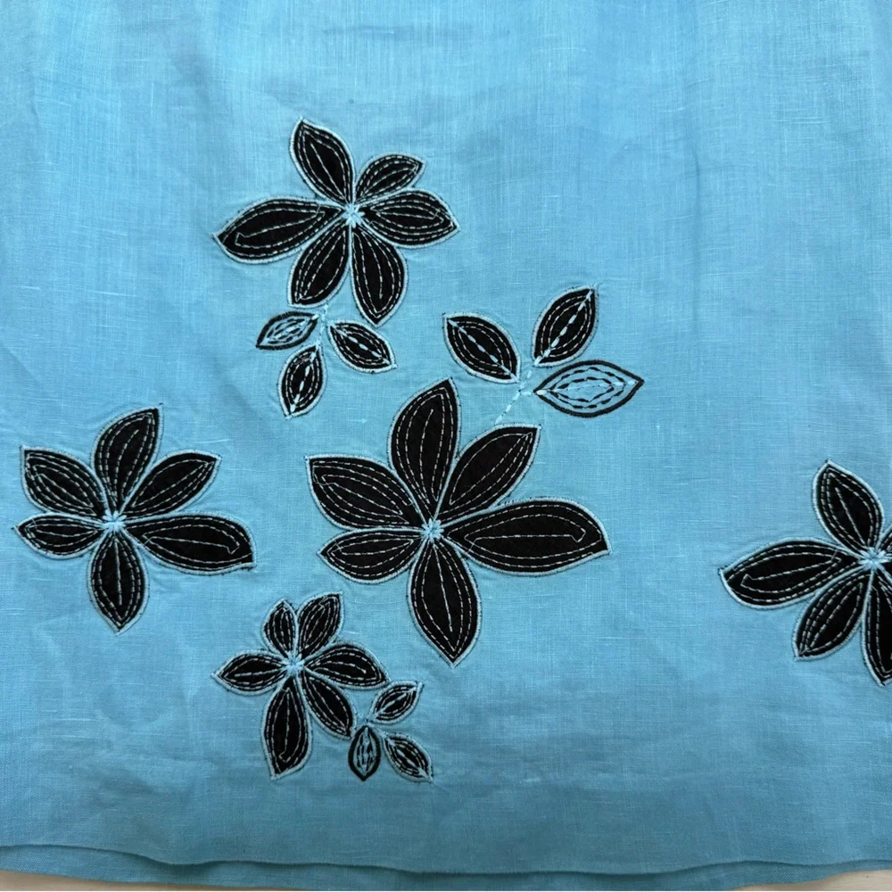 Madison Studio Women’s 100% Linen Teal Turquoise Blue Skirt Embroidered Floral